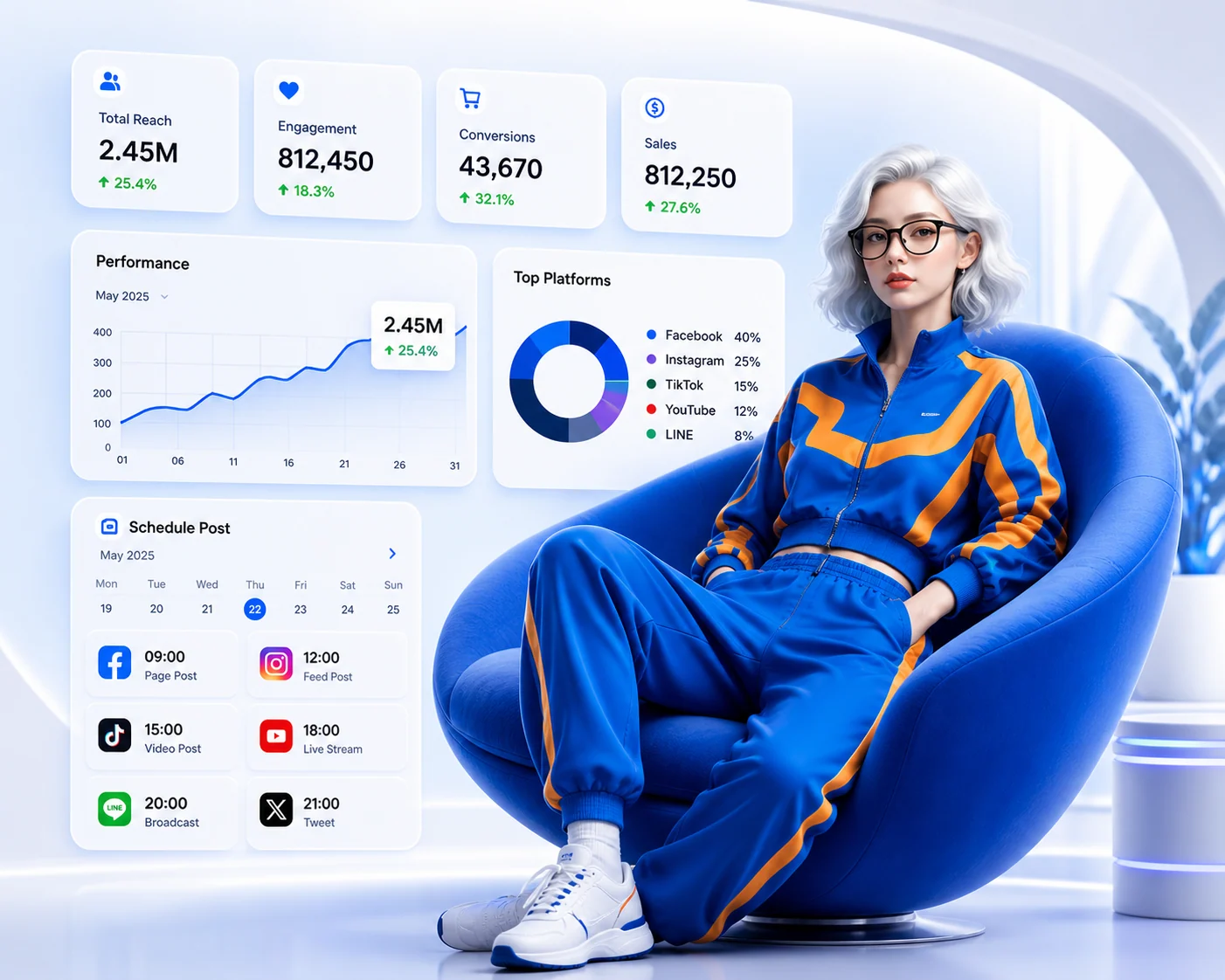 BlueBanana AI marketing dashboard with presenter